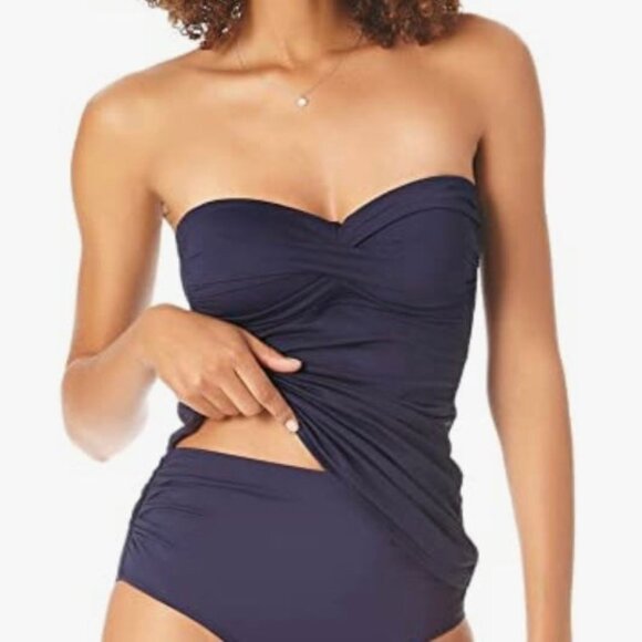 ANNE COLE Twist-Front Bandeau Swim Top Tankini Ruched Body Navy Size S - Picture 4 of 5